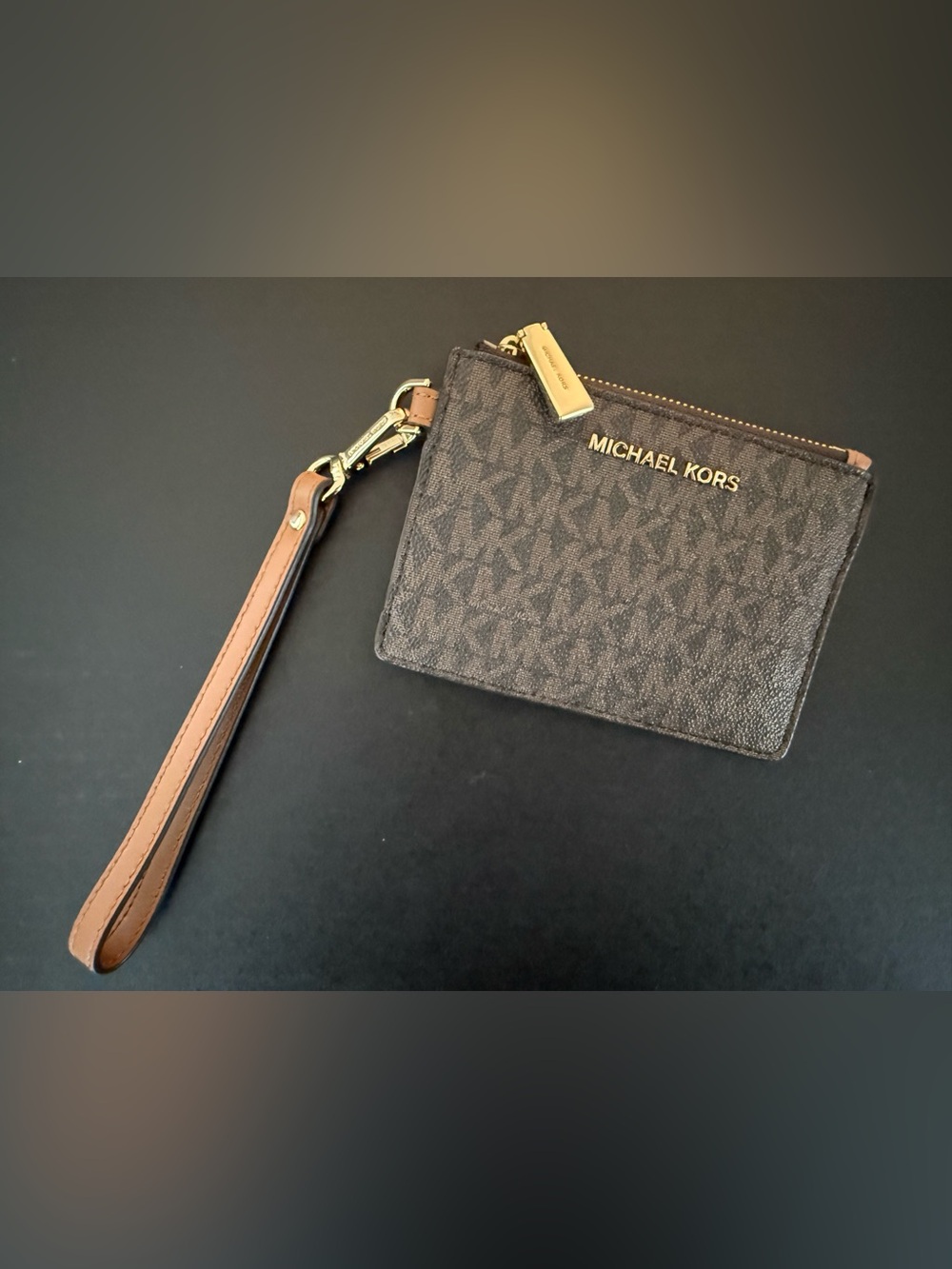 Michael Kors Brown and Tan Signature Logo Wristlet with Gold Hardware